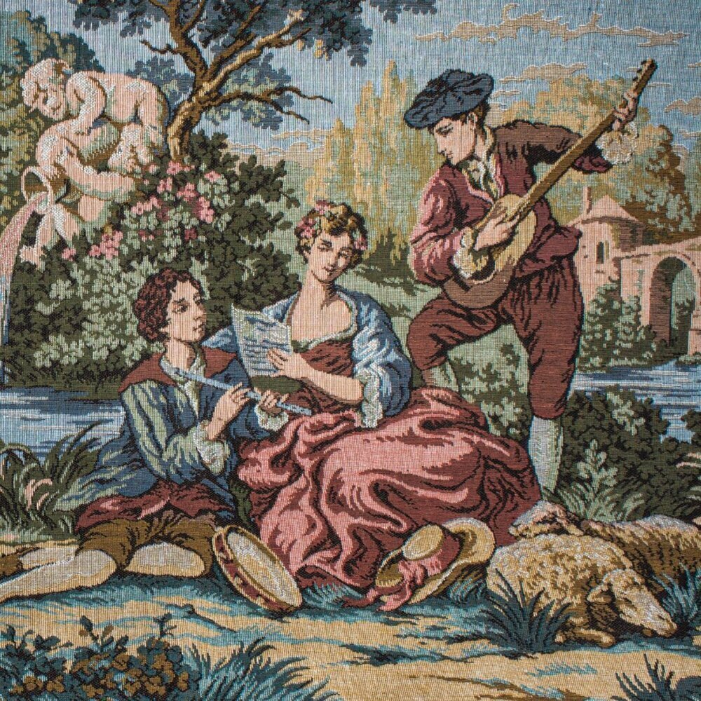 French Aubusson Tapestry Wall Art Pastoral Scene With Musicians & Cherubs 36“X15 - Picture 5 of 6